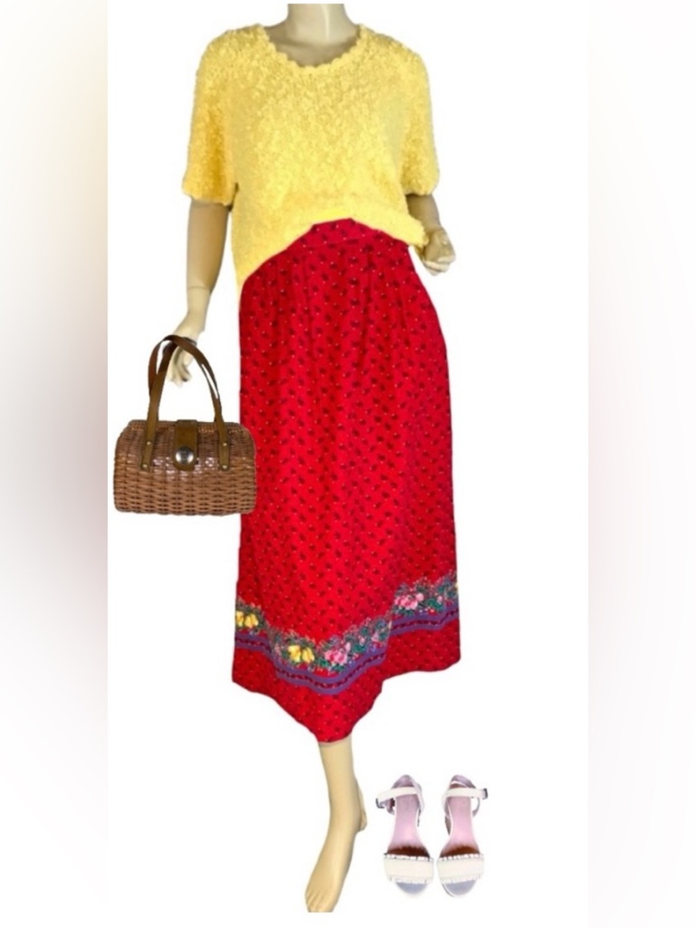 VINTAGE 1980'S MELISSA BURKE RED FLORAL PRINT CORDUROY COTTON MIDI SKIRT (10)